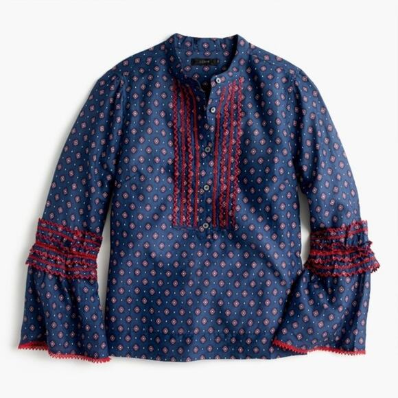 J. Crew 0 Embroidered Bell-Sleeve Top in Foulard - Picture 1 of 6